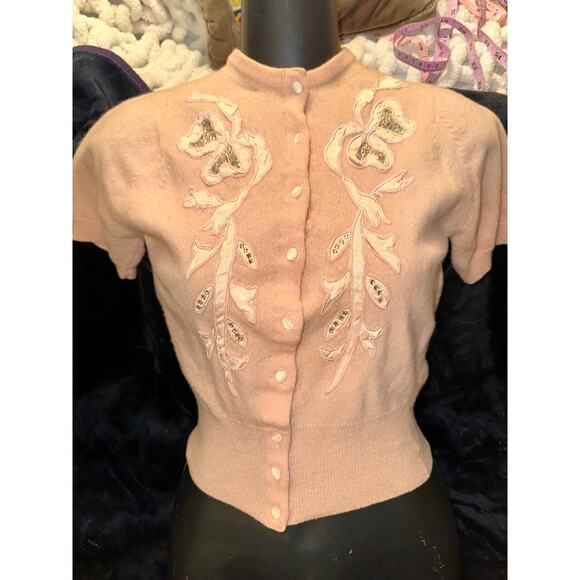 VINTAGE PEACH BALMORAL CASHMERE RHINESTONES & RIBBON TRIM CARDIGAN SWEATER - Picture 9 of 11